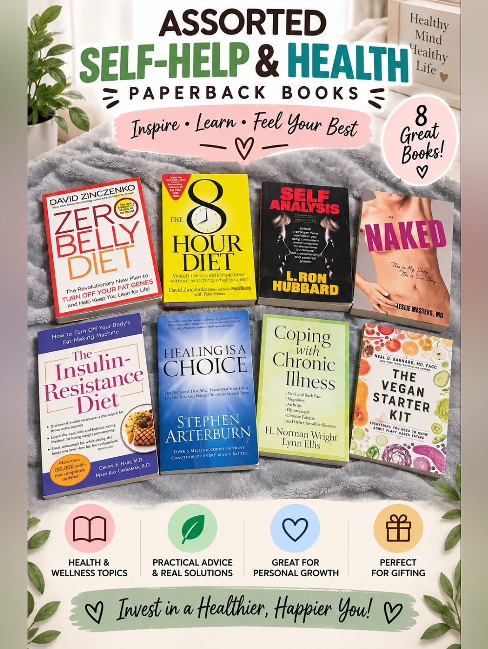LOT OF ASSORTED SELF-HELP & VARIOUS HEALTH PAPERBACK BOOKS — INCLUDES 8 BOOKS!